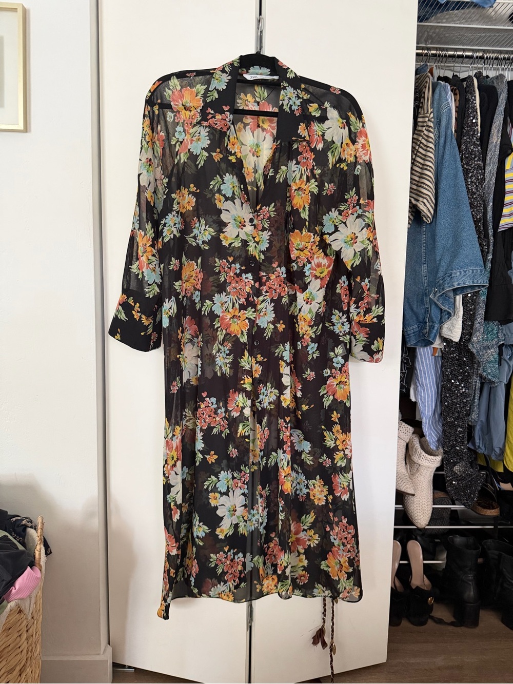 Zara Black Floral Sheer Maxi Kimono